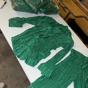 Green Pleated Shirt and Pants Set